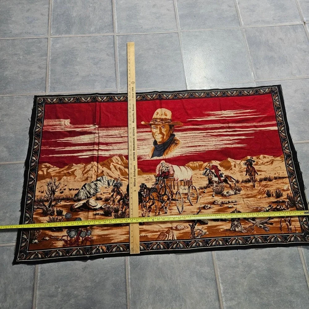 Vintage John Wayne Western Tapestry Wall Hanging Stagecoach Red 55x34